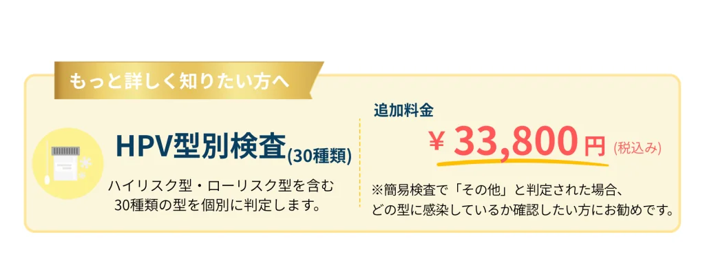HPV型別検査（30種類）追加料金33,800円（税込）：ハイリスク型・ローリスク型を含む30種類の型を個別に判定
