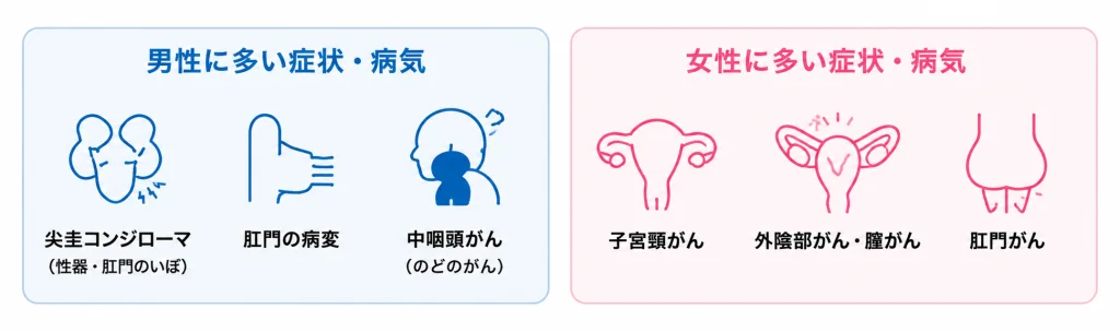 男性に多いHPV関連の症状・病気（尖圭コンジローマ、肛門の病変、中咽頭がん）と、女性に多い症状・病気（子宮頸がん、外陰部がん・膣がん、肛門がん）