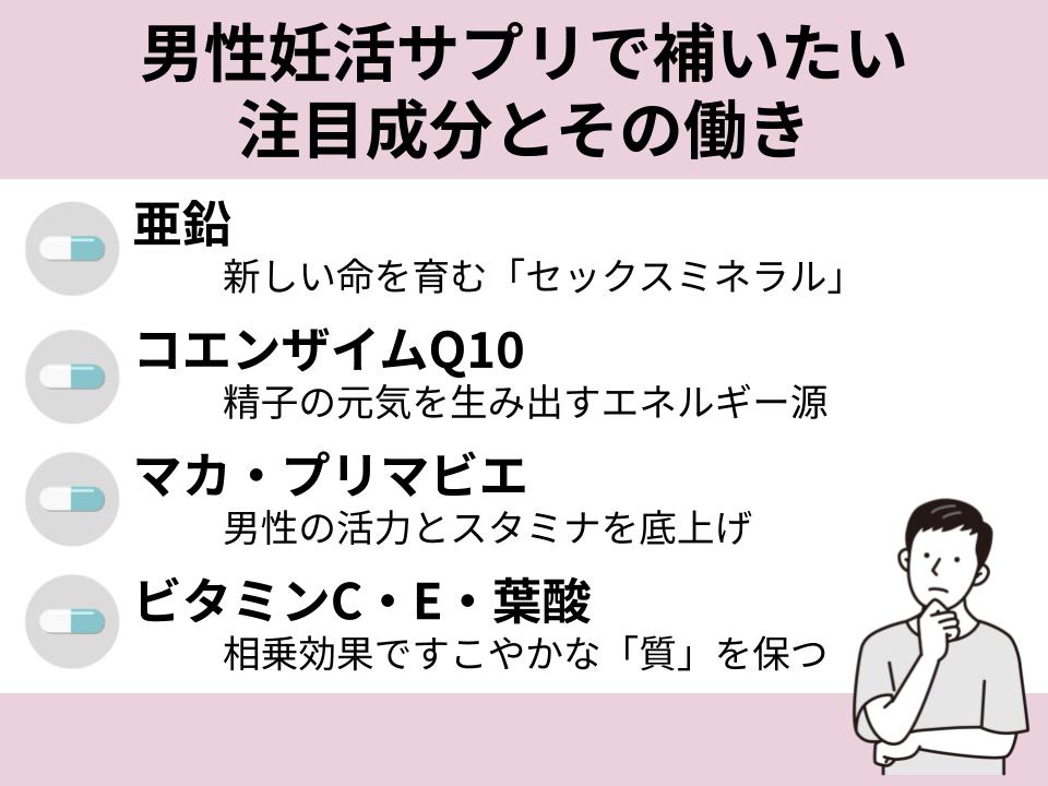 男性妊活サプリに必須の4つの注目成分