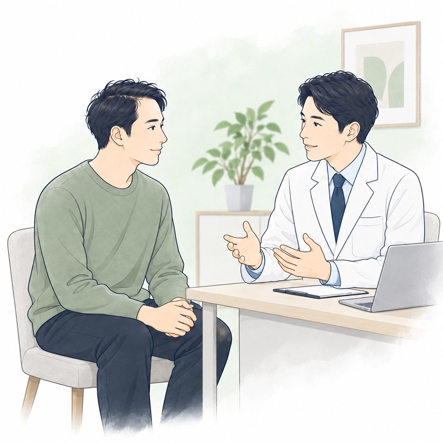 薄毛のお悩みを医師に相談する男性のイメージイラスト